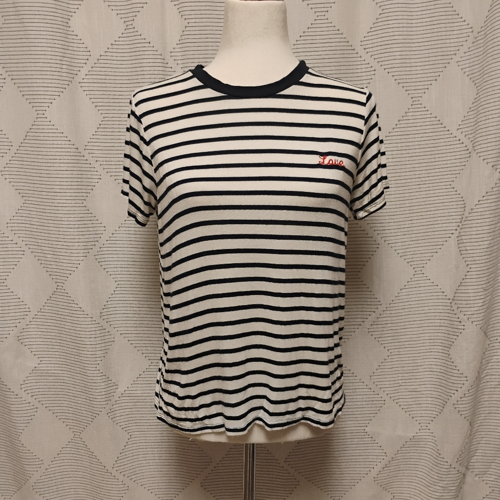 Emory Park Striped Deep Blue White Women's Tee Top Embroidered Love Size Small